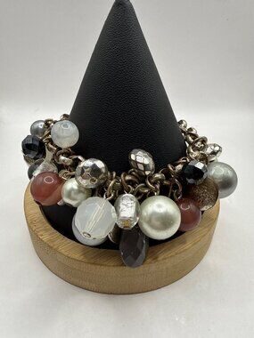 Chunky Silver Tone Cha Cha Charm Bracelet Faux Pearl Crystal Cluster Vintage Y2K